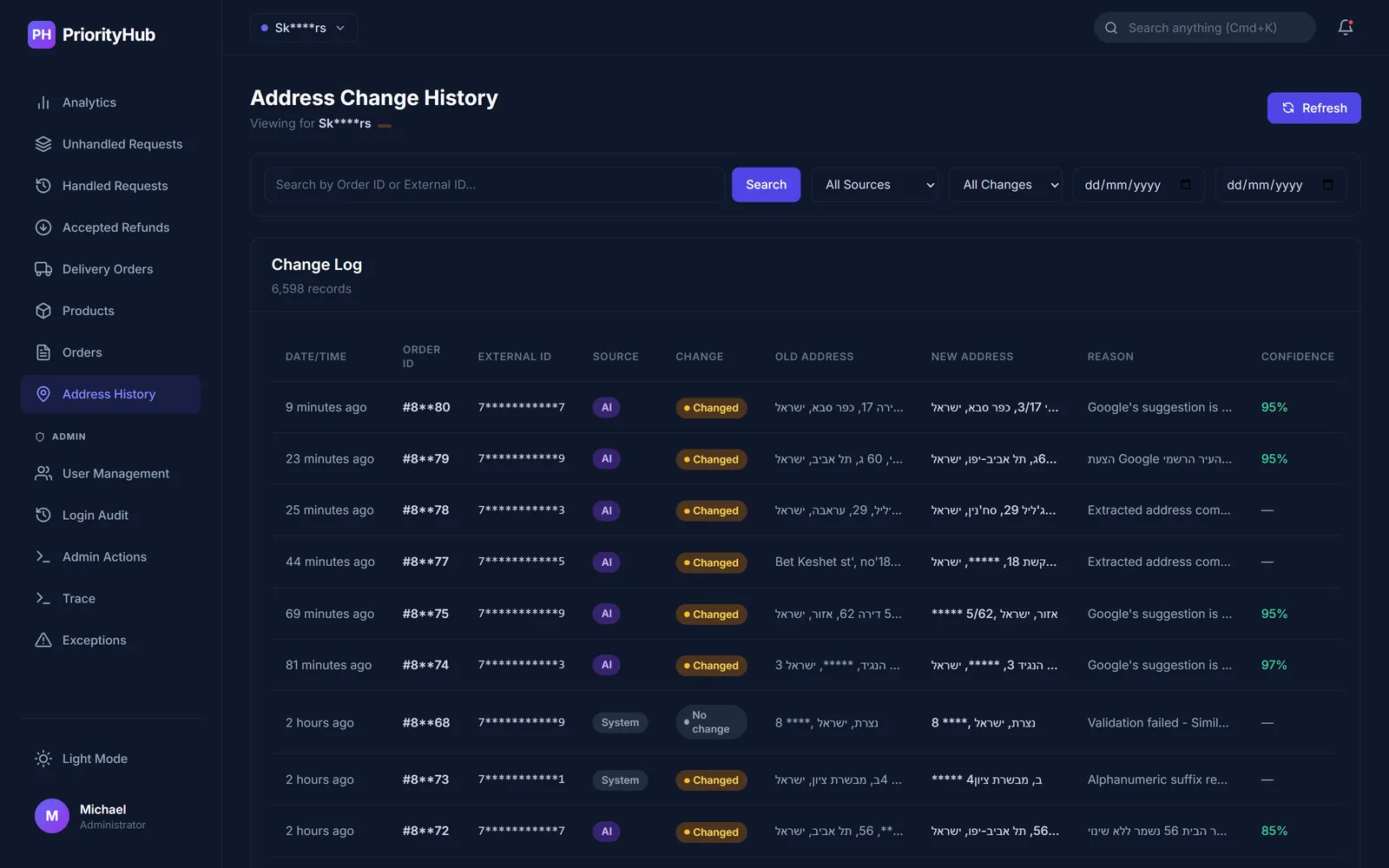 Change log of AI-corrected delivery addresses with confidence scores